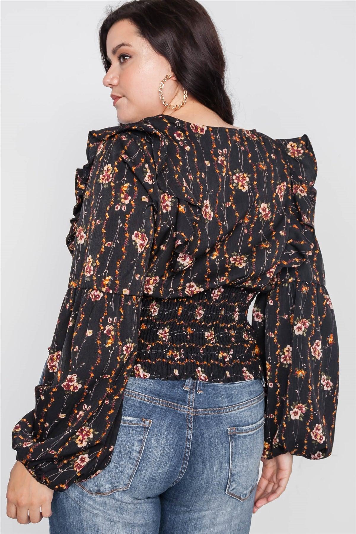 Plus Size Black Floral V-Neck Ruffle Long Sleeve Top /1-2-2
