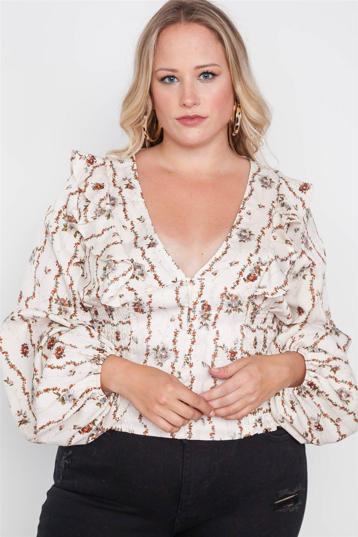 Plus Size Ivory Floral V-Neck Ruffle Long Sleeve Top /2-1-1