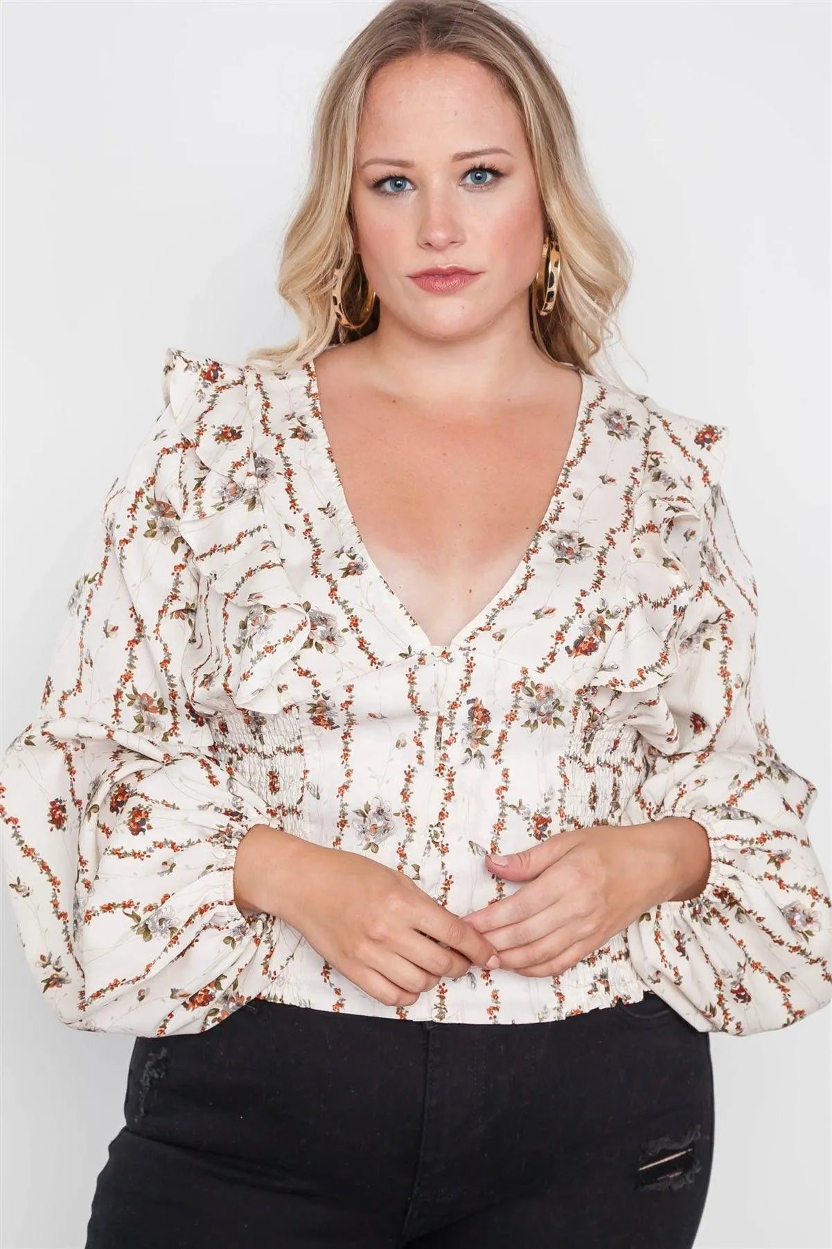 Plus Size Ivory Floral V-Neck Ruffle Long Sleeve Top /2-1-1 - Tasha Apparel Wholesale