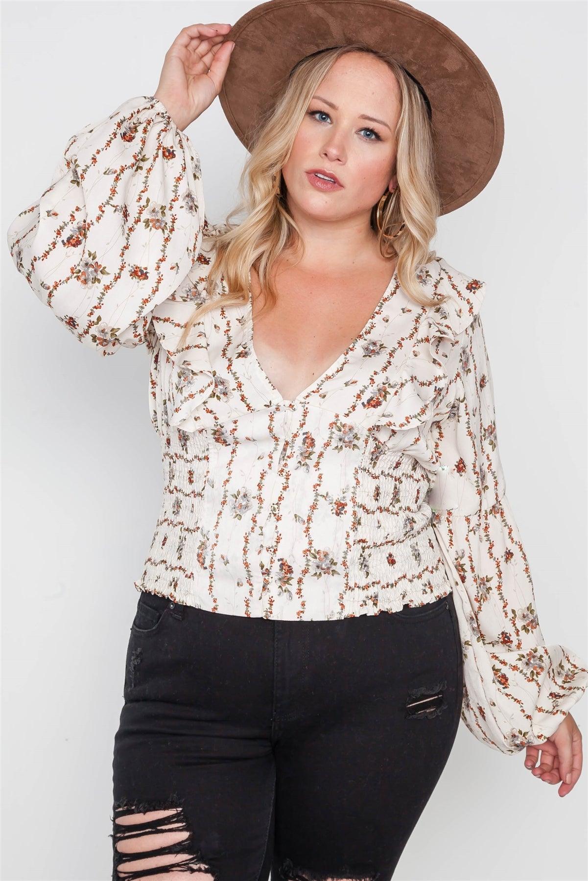 Plus Size Ivory Floral V-Neck Ruffle Long Sleeve Top /2-2-2