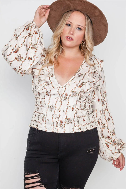 Plus Size Ivory Floral V-Neck Ruffle Long Sleeve Top /2-2-2 - Tasha Apparel Wholesale