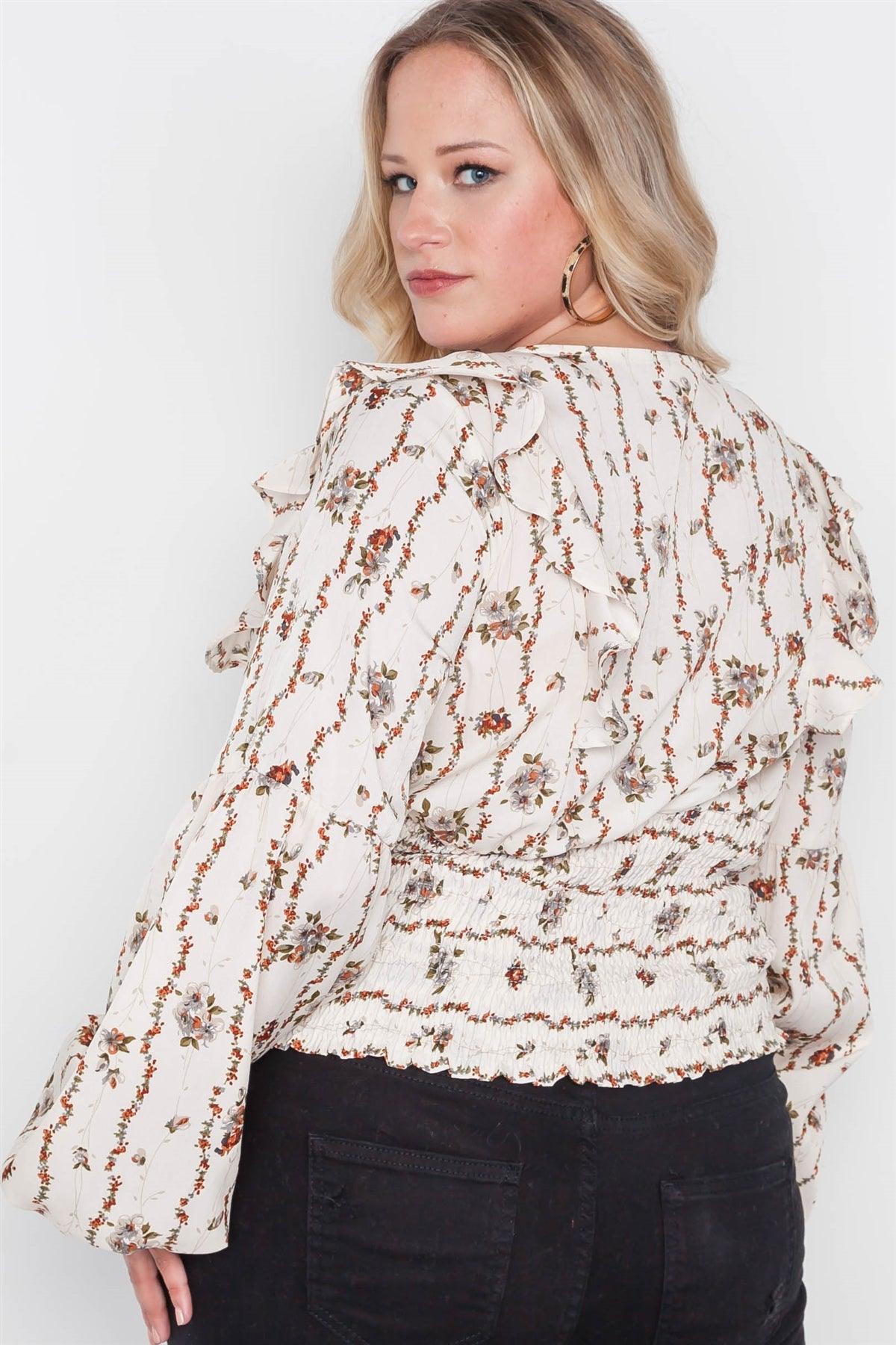 Plus Size Ivory Floral V-Neck Ruffle Long Sleeve Top /2-2-2