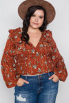 Plus Size Rust Floral V-Neck Ruffle Long Sleeve Top /2-1-1 - Tasha Apparel Wholesale