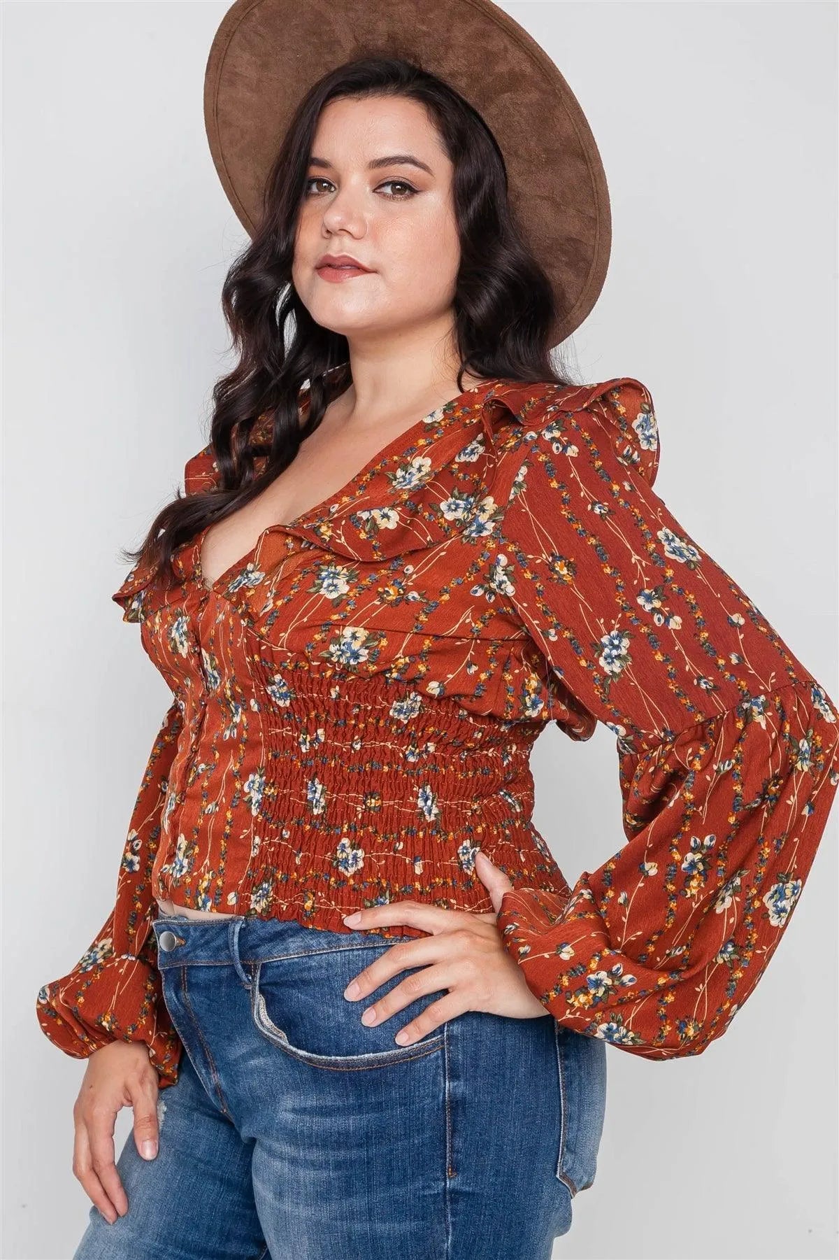 Plus Size Rust Floral V-Neck Ruffle Long Sleeve Top /2-1-1 - Tasha Apparel Wholesale