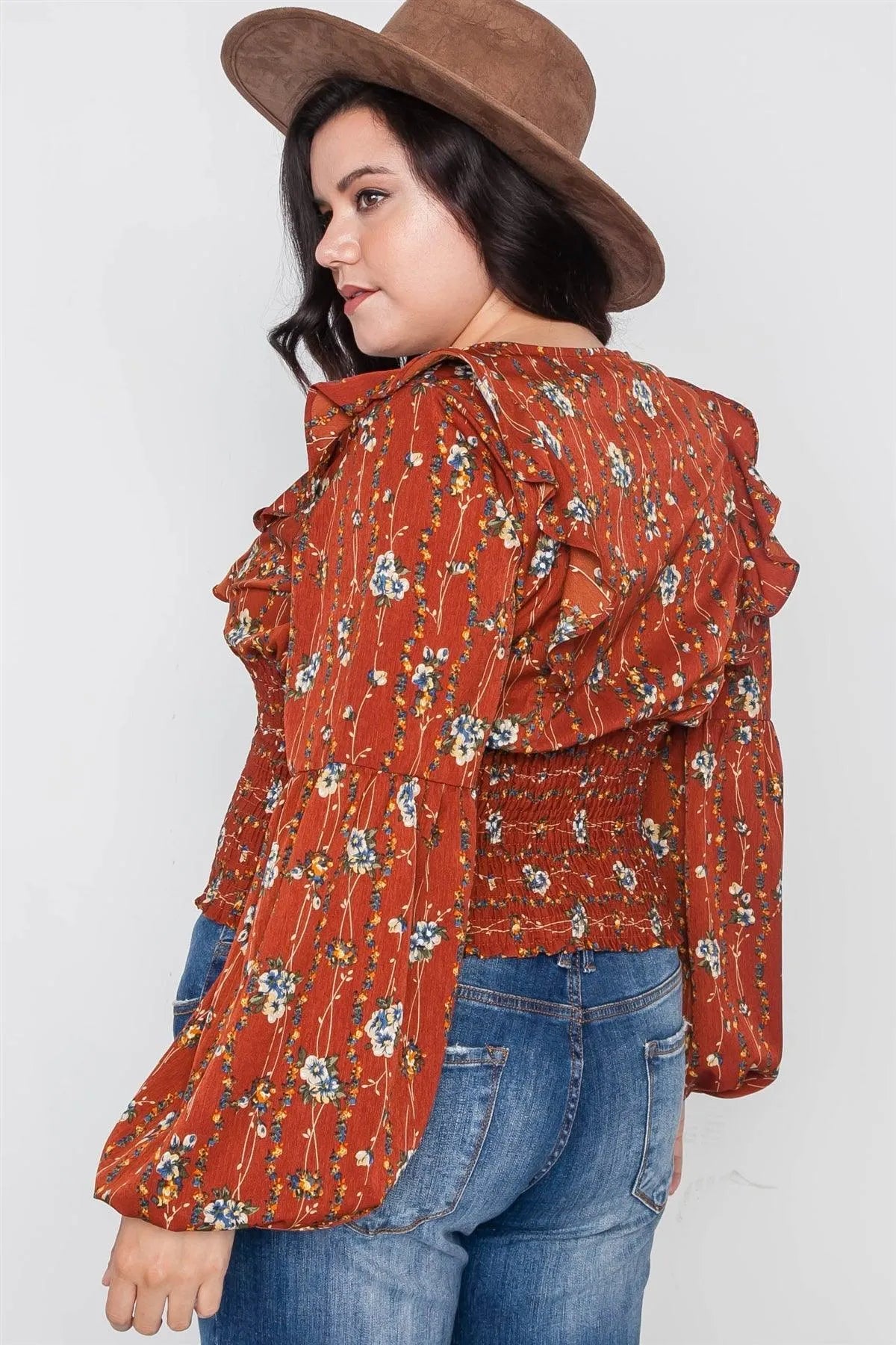 Plus Size Rust Floral V-Neck Ruffle Long Sleeve Top /2-1-1 - Tasha Apparel Wholesale