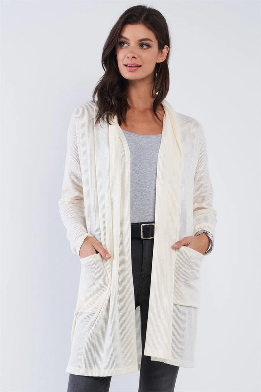 Ivory Open Front Pleated Collar Ribbed Long Sleeve Cardigan With Large Square Pockets /2-2-2 - Tasha Apparel Wholesale