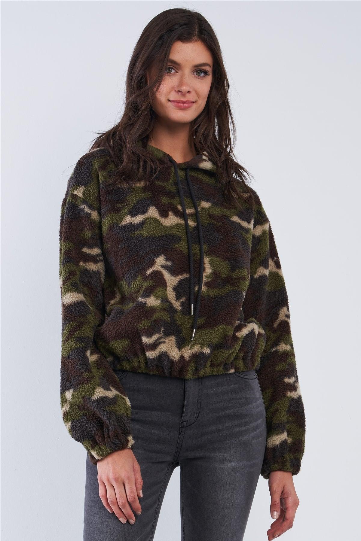Olive Green Camo Print Plush Relaxed Fit Long Sleeve Draw String Tie Hoodie Sweater /3-2-1