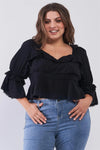 Junior Plus Size Black Beaded Trim Sweetheart Neck Layered Puff Sleeve Self-Tie Back Detail Crop Top /2-2-2 - Tasha Apparel Wholesale