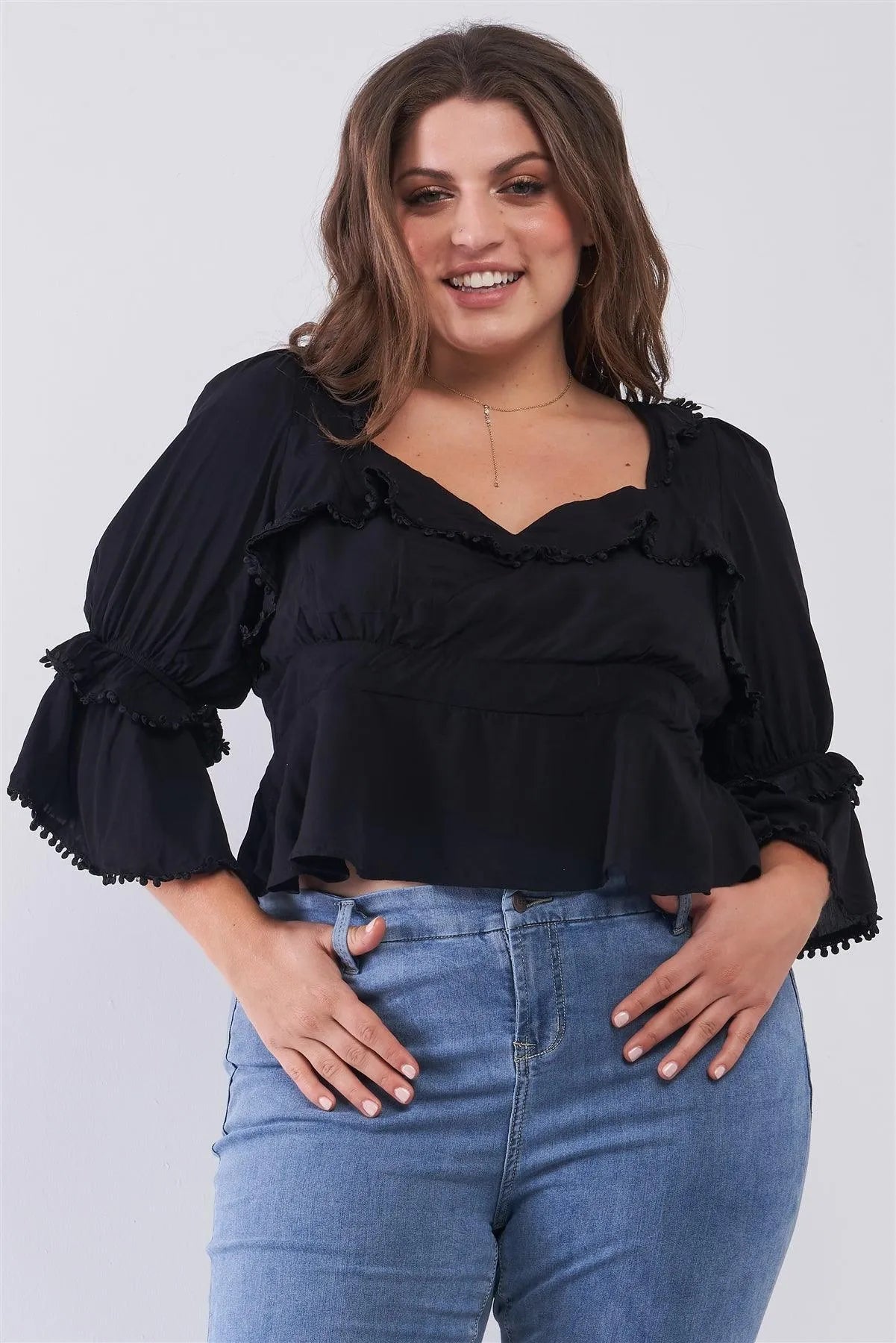 Junior Plus Size Black Beaded Trim Sweetheart Neck Layered Puff Sleeve Self-Tie Back Detail Crop Top /2-2-2 - Tasha Apparel Wholesale