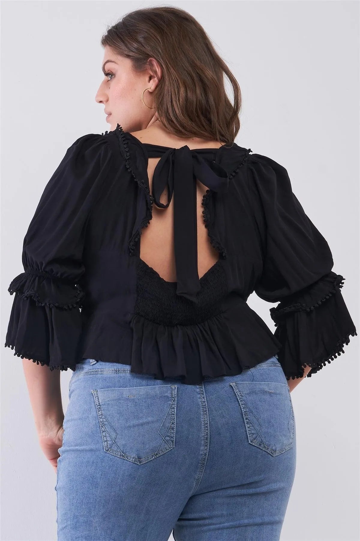 Junior Plus Size Black Beaded Trim Sweetheart Neck Layered Puff Sleeve Self-Tie Back Detail Crop Top /2-2-2 - Tasha Apparel Wholesale