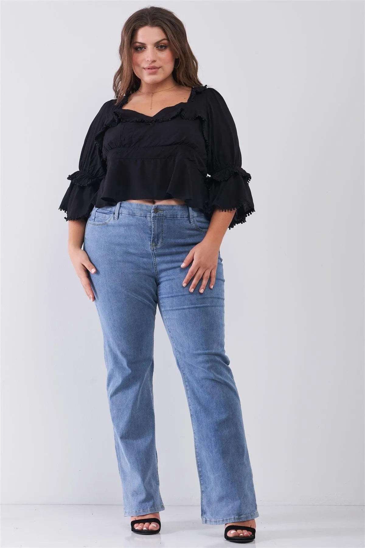 Junior Plus Size Black Beaded Trim Sweetheart Neck Layered Puff Sleeve Self-Tie Back Detail Crop Top /2-2-2 - Tasha Apparel Wholesale