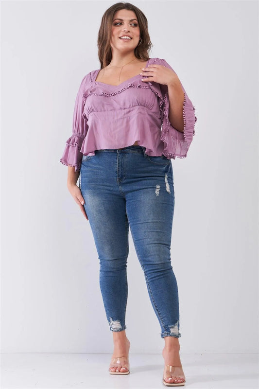 Junior Plus Size Mauve Beaded Trim Sweetheart Neck Layered Puff Sleeve Self-Tie Back Detail Crop Top /1-1-2 - Tasha Apparel Wholesale