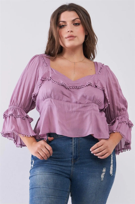 Junior Plus Size Mauve Beaded Trim Sweetheart Neck Layered Puff Sleeve Self-Tie Back Detail Crop Top /2-2-2 - Tasha Apparel Wholesale