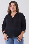 Junior Plus Black Striped Frill Neck Gathered Sleeve Detail Button-Down Relaxed Boho Top /2-2-2 - Tasha Apparel Wholesale
