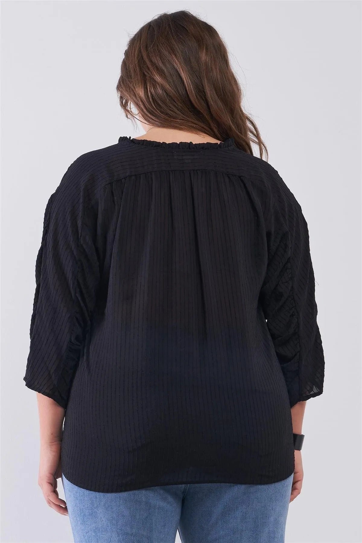 Junior Plus Black Striped Frill Neck Gathered Sleeve Detail Button-Down Relaxed Boho Top /2-2-2 - Tasha Apparel Wholesale