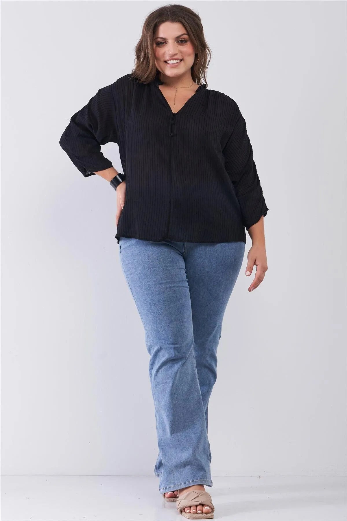 Junior Plus Black Striped Frill Neck Gathered Sleeve Detail Button-Down Relaxed Boho Top /2-2-2 - Tasha Apparel Wholesale