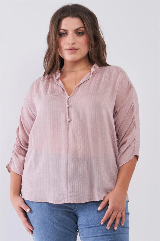 Junior Plus Pink Striped Frill Neck Gathered Sleeve Detail Button-Down Relaxed Boho Top /2-2-2 - Tasha Apparel Wholesale
