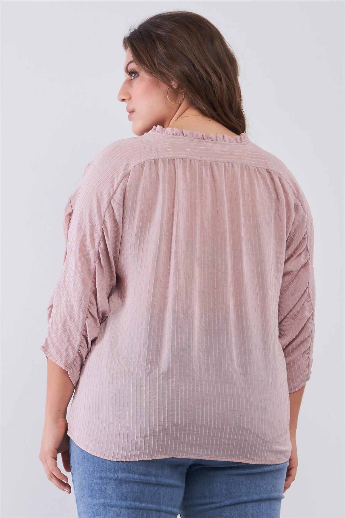 Junior Plus Pink Striped Frill Neck Gathered Sleeve Detail Button-Down Relaxed Boho Top /2-2-2