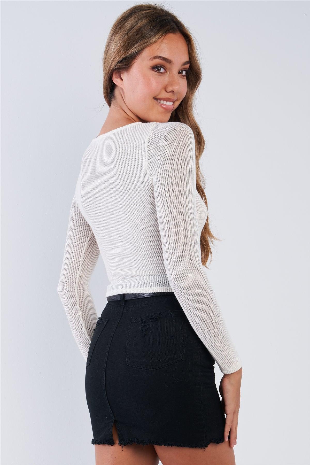 Fitted Cream Long Sleeve Knit Crew Neck Top /3-2-1