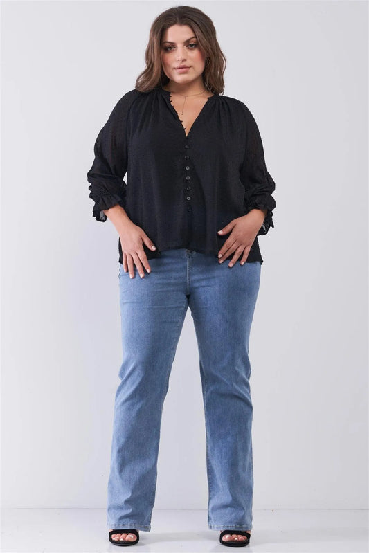 Junior Plus Black Dotted Swiss V-Neck Button Down Balloon Midi Sleeve With Elasticated Cuff Loose Fit Top /2-2-2 - Tasha Apparel Wholesale