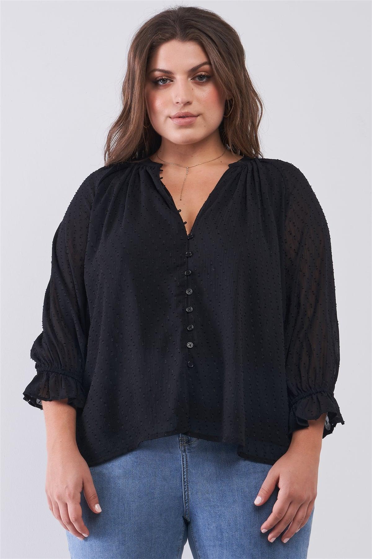 Junior Plus Black Dotted Swiss V-Neck Button Down Balloon Midi Sleeve With Elasticated Cuff Loose Fit Top /2-2-2