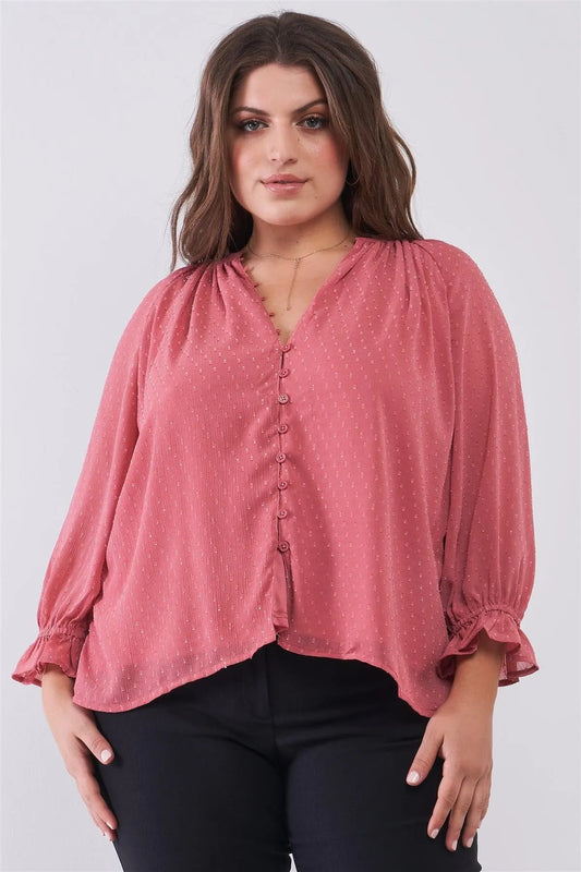 Junior Plus Dusty-Rose Dotted Swiss V-Neck Button Down Balloon Midi Sleeve With Elasticated Cuff Loose Fit Top /2-2-2 - Tasha Apparel Wholesale
