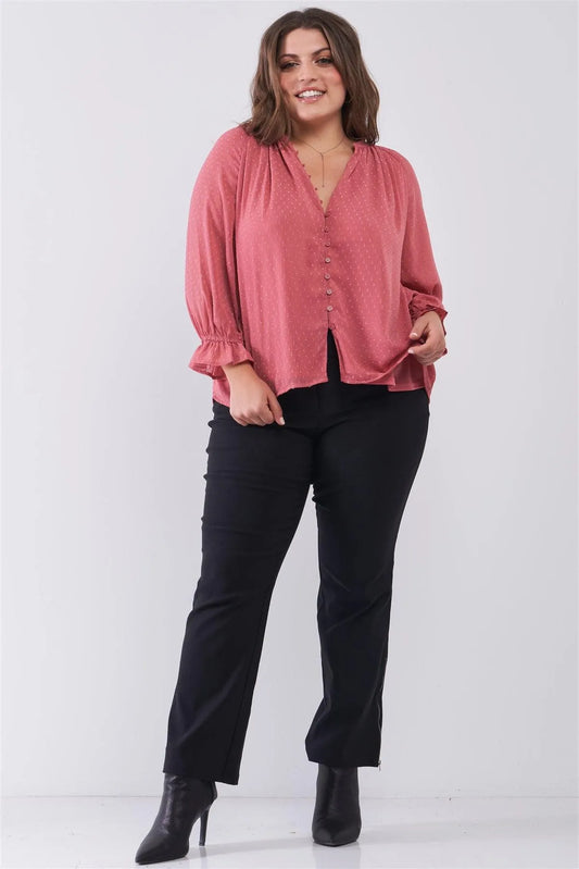 Junior Plus Dusty-Rose Dotted Swiss V-Neck Button Down Balloon Midi Sleeve With Elasticated Cuff Loose Fit Top /1-2-3 - Tasha Apparel Wholesale