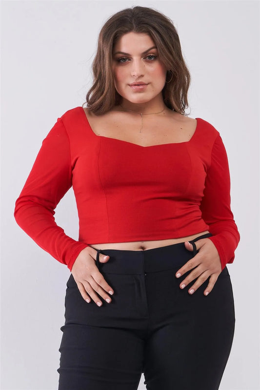 Junior Plus Size Crimson Red Long Mesh Sleeve Sweetheart Neck Detail Structured Crop Top /2-2-2 - Tasha Apparel Wholesale