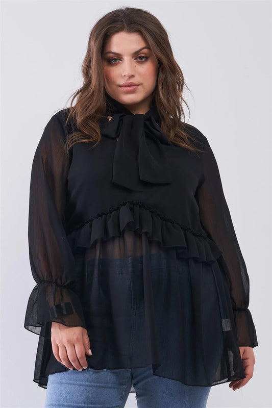 Junior Plus Black Balloon Sleeve Flare Cuff V-Neck With Self-Tie Necktie Detail Frill Detail Blouse Top /2-2-2 - Tasha Apparel Wholesale
