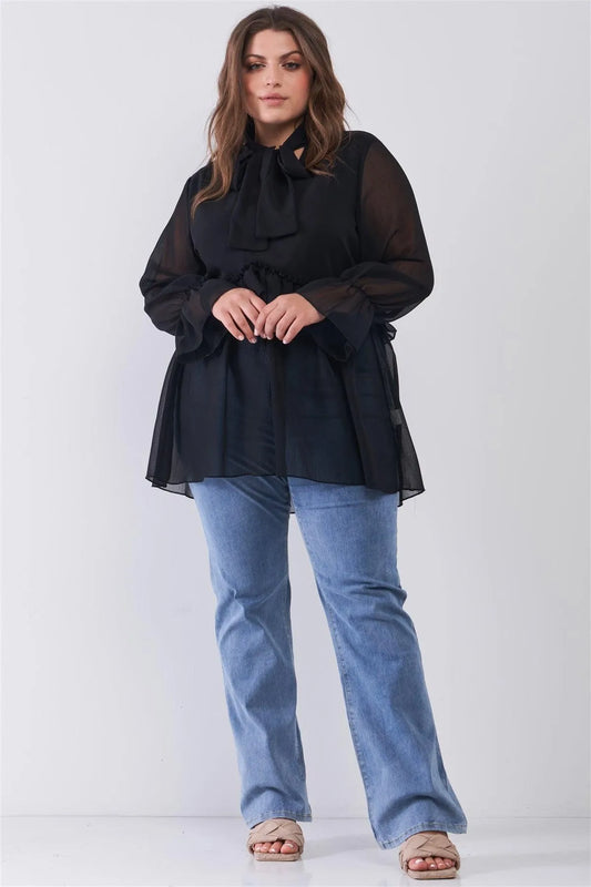 Junior Plus Black Balloon Sleeve Flare Cuff V-Neck With Self-Tie Necktie Detail Frill Detail Blouse Top /1-2-3 - Tasha Apparel Wholesale