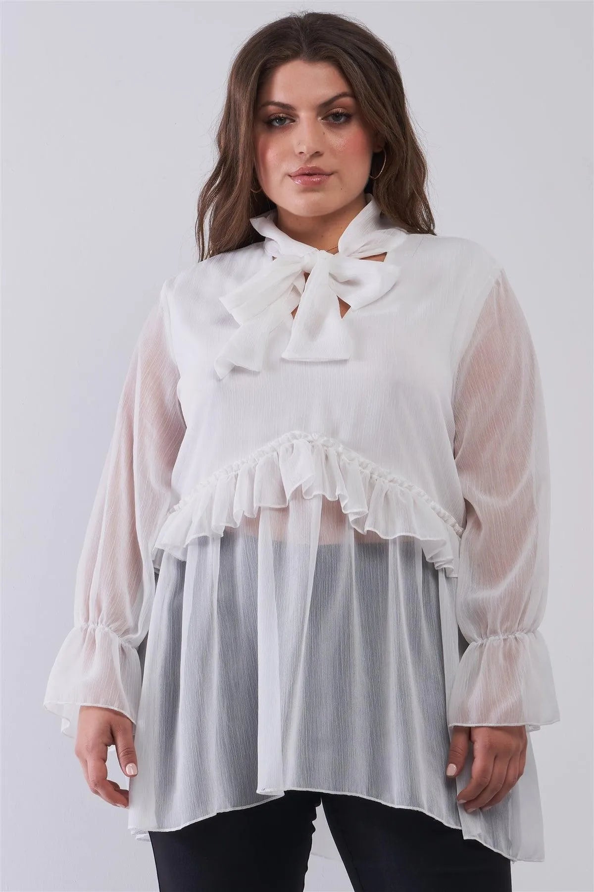 Junior Plus Ivory Balloon Sleeve Flare Cuff V-Neck With Self-Tie Necktie Detail Frill Detail Blouse Top /2-2-2 - Tasha Apparel Wholesale