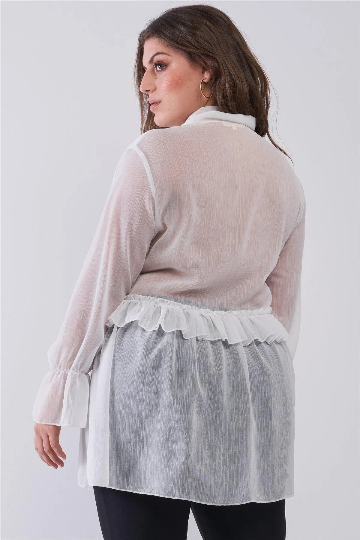 Junior Plus Ivory Balloon Sleeve Flare Cuff V-Neck With Self-Tie Necktie Detail Frill Detail Blouse Top /2-2-2 - Tasha Apparel Wholesale