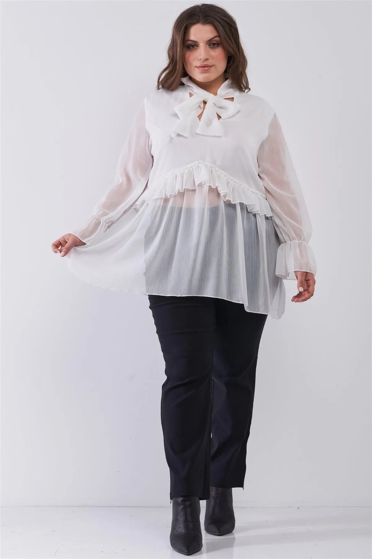Junior Plus Ivory Balloon Sleeve Flare Cuff V-Neck With Self-Tie Necktie Detail Frill Detail Blouse Top /2-2-2 - Tasha Apparel Wholesale