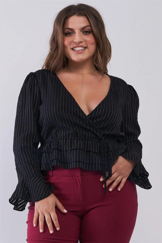 Junior Plus Size Black Sheer Pinstripe Plunging Wrap V-Neck Layered Hem Crop Top /2-2-2 - Tasha Apparel Wholesale