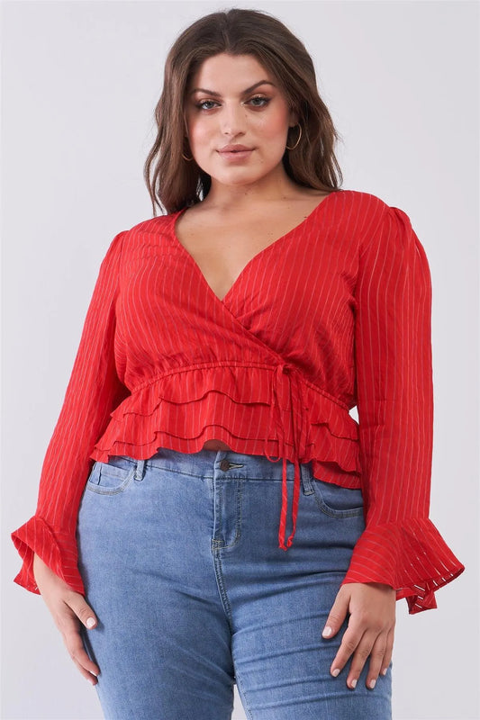 Junior Plus Size Red Sheer Pinstripe Plunging Wrap V-Neck Layered Hem Crop Top /2-2-2 - Tasha Apparel Wholesale