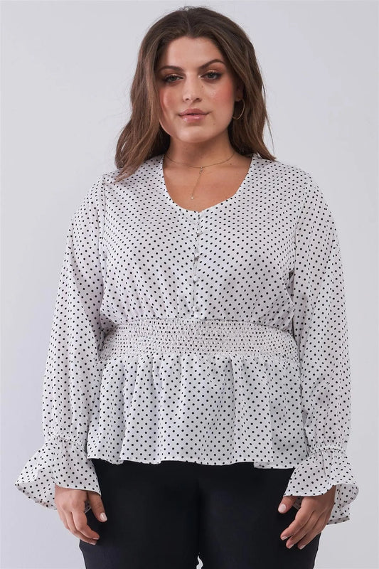 Junior Plus Size White & Black Polka Dot Print Balloon Sleeve Button-Down Smock Waist Detail Flare Hem Blouse Top /2-2-2 - Tasha Apparel Wholesale