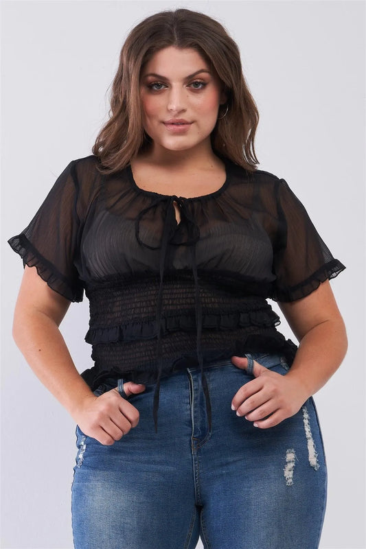 Junior Plus Black Short Sleeve U-Neck With Self-Tie Detail Frill Smocked Sheer Top /2-2-2 - Tasha Apparel Wholesale