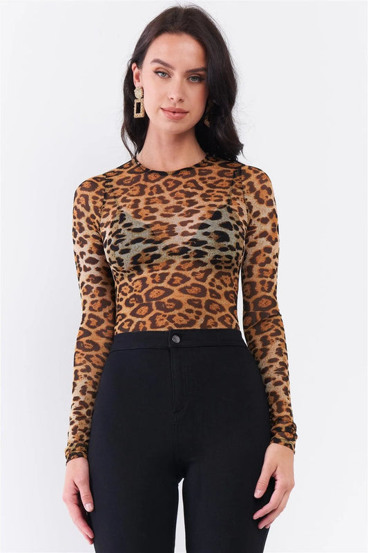 Brown Leopard Print Sheer Mesh Crew Neck Long Sleeve Bodysuit - Tasha Apparel Wholesale