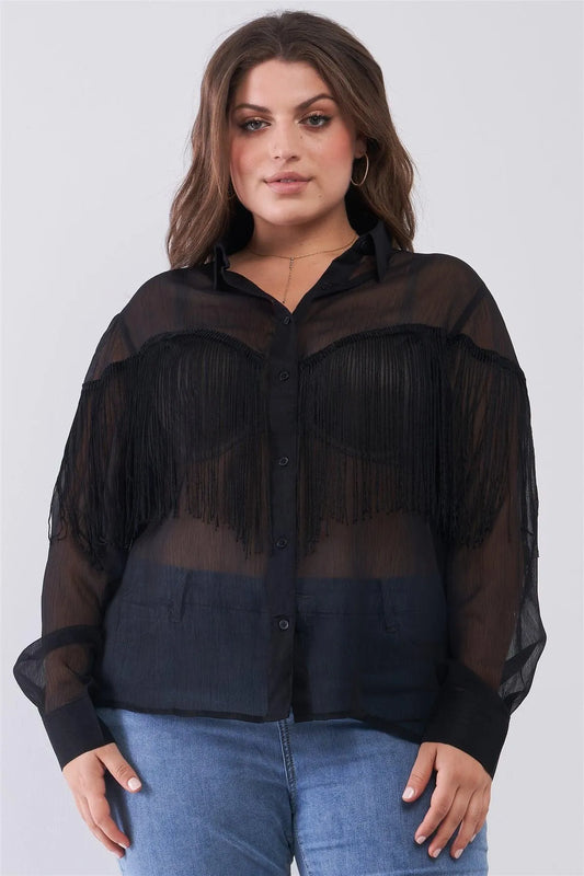 Junior Plus Size Black Boho Sheer Mesh Fringe Trim Detail Long Sleeve Button-Down Relaxed Top /2-2-2 - Tasha Apparel Wholesale