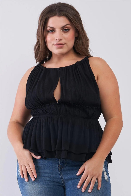 Junior Plus Black Round Neck Sleeveless Front Keyhole Elasticated Waistline Flare Hem Top /1-2-2 - Tasha Apparel Wholesale