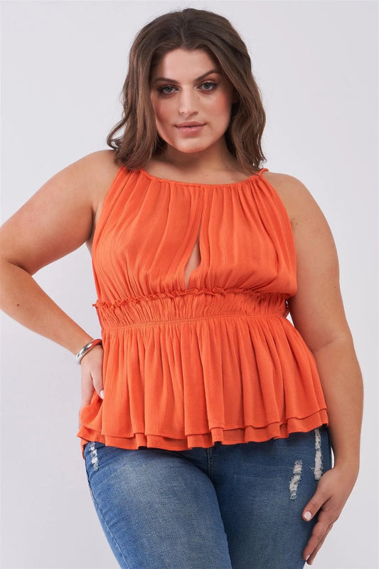 Junior Plus Orange Round Neck Sleeveless Front Keyhole Elasticated Waistline Flare Hem Top /2-2-2 - Tasha Apparel Wholesale