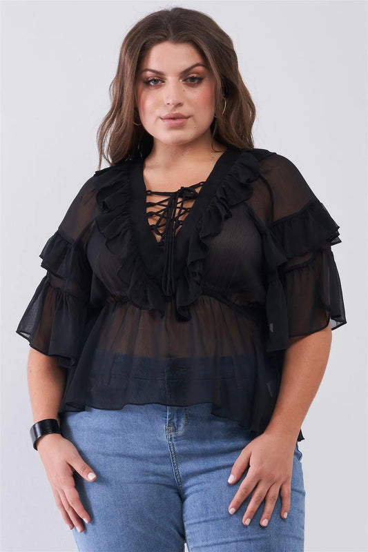 Junior Plus Black Sheer Mesh Ruffle Lace-Up V-Neck Detail Wide Sleeve Relaxed Top /2-2-2 - Tasha Apparel Wholesale