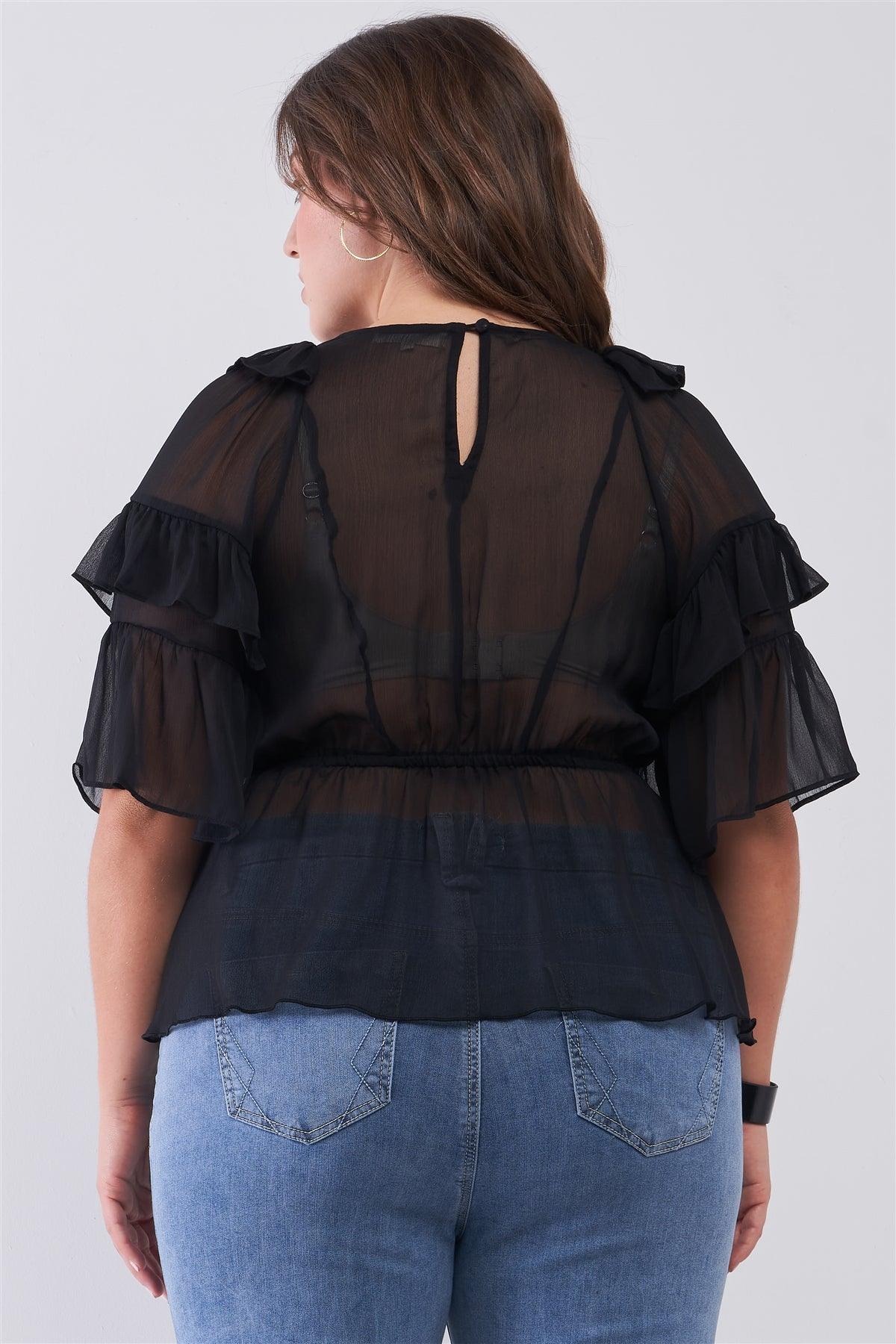 Junior Plus Black Sheer Mesh Ruffle Lace-Up V-Neck Detail Wide Sleeve Relaxed Top /2-2-2