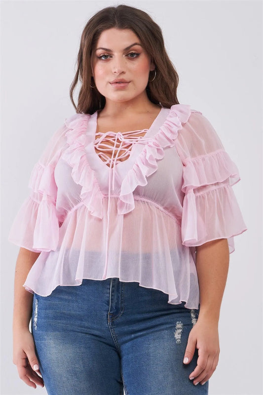 Junior Plus Rose Sheer Mesh Ruffle Lace-Up V-Neck Detail Wide Sleeve Relaxed Top /2-2-2 - Tasha Apparel Wholesale