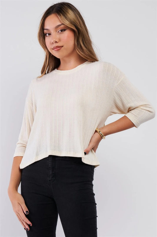 Cream Midi Sleeve Crew Neck Knit Sweater /2-2-2 - Tasha Apparel Wholesale
