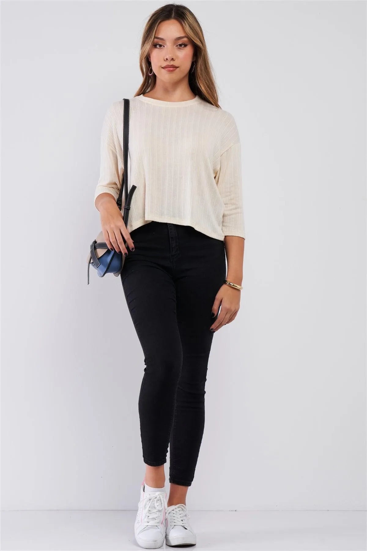 Cream Midi Sleeve Crew Neck Knit Sweater /2-2-2 - Tasha Apparel Wholesale