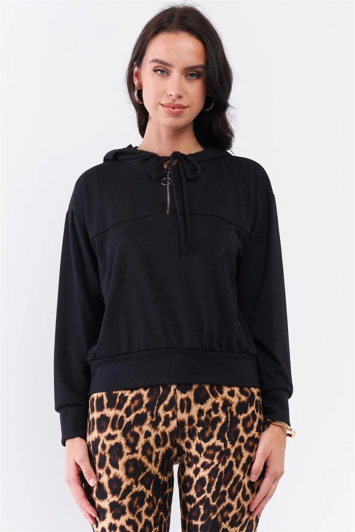 Black Oversize High Neck Zip-Up Detail Draw String Tie Hoodie Sweatshirt /2-2-2 - Tasha Apparel Wholesale