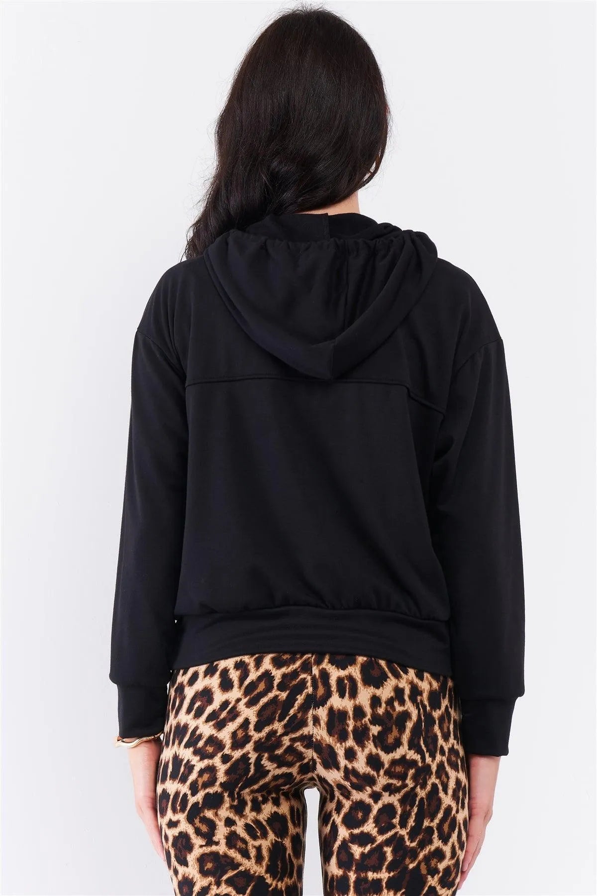 Black Oversize High Neck Zip-Up Detail Draw String Tie Hoodie Sweatshirt /2-2-2 - Tasha Apparel Wholesale