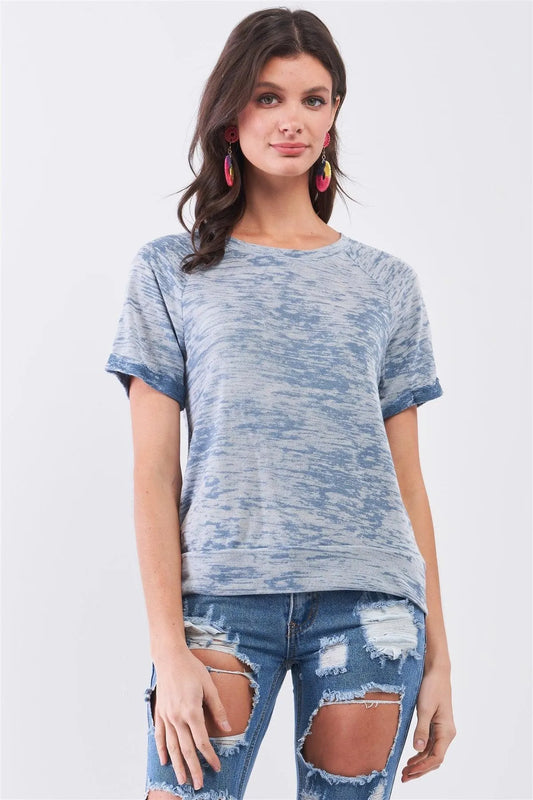 Blue Short Folded Sleeve Round Neck Relaxed Fit T-Shirt Top /1-2-1 - Tasha Apparel Wholesale