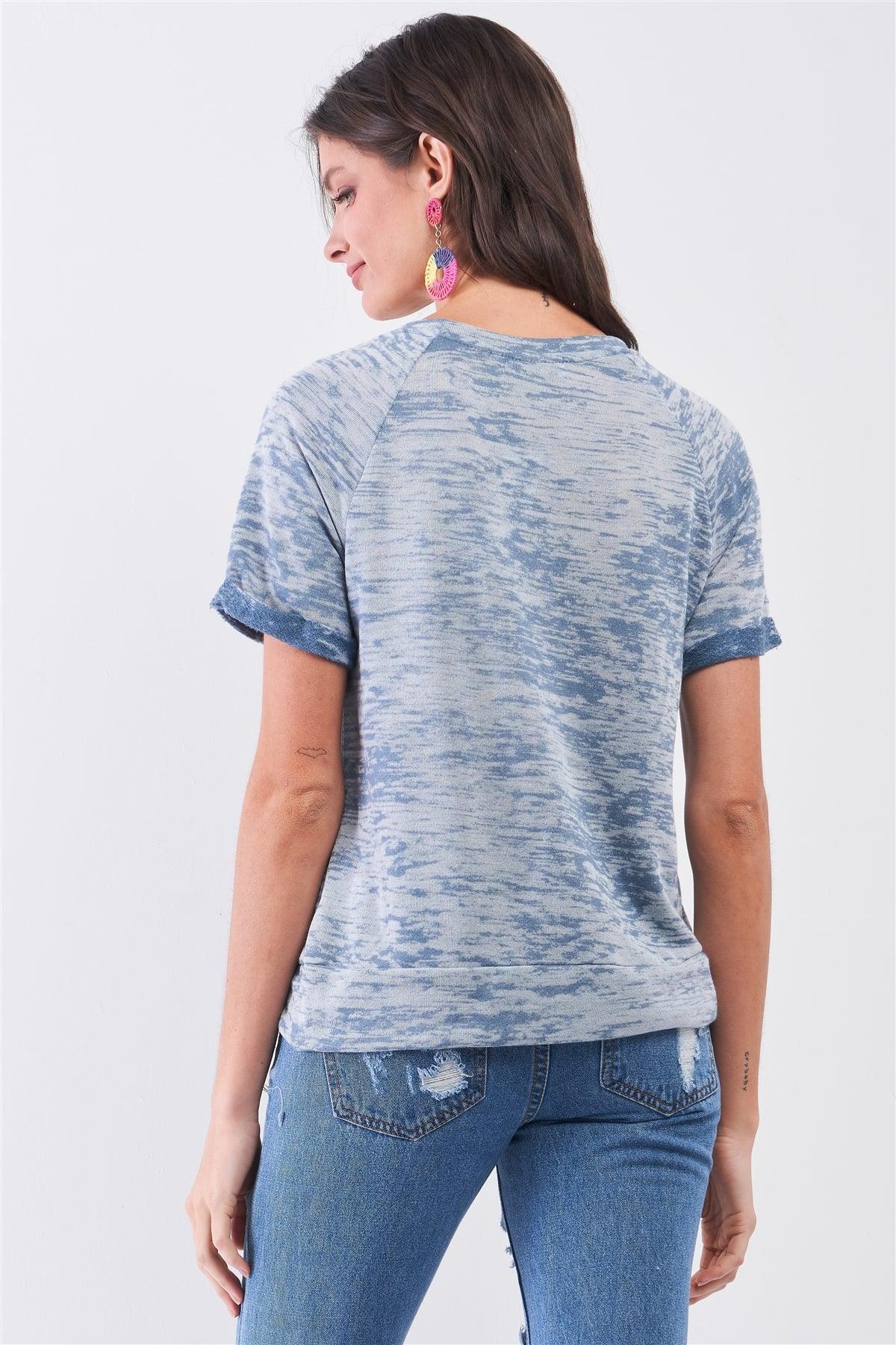Blue Short Folded Sleeve Round Neck Relaxed Fit T-Shirt Top /2-2-2